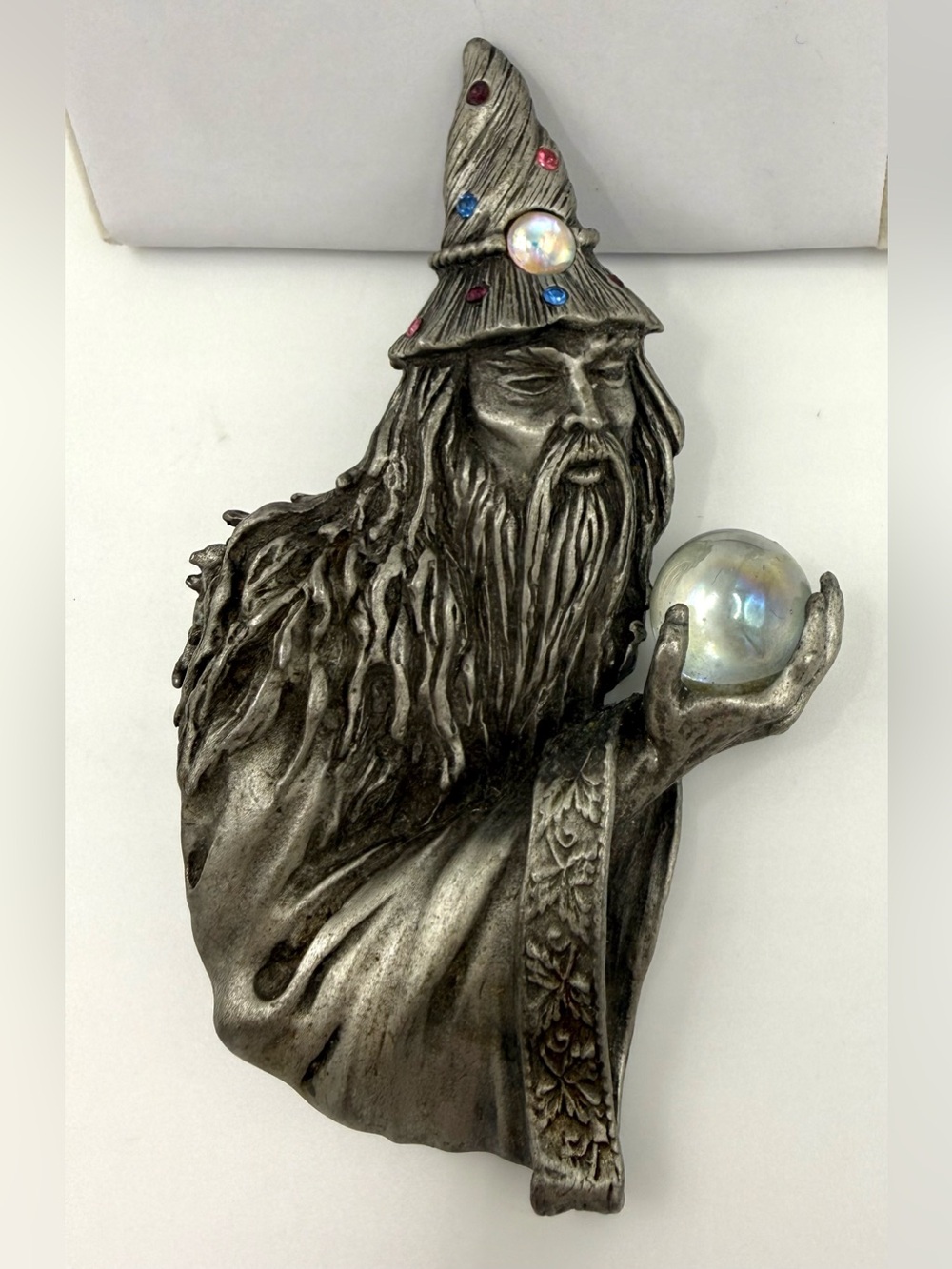 Vintage Signed JJ Jonette Pewter Wizard Brooch with Iridescent Crystal Ball 4”